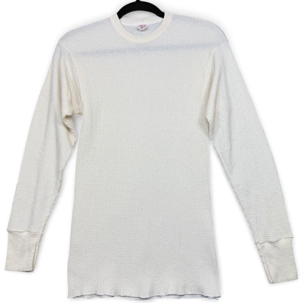 Vintage 70s Hanitex Waffle Knit Long Sleeve Thermal Shirt Mens L Ivory 1970s